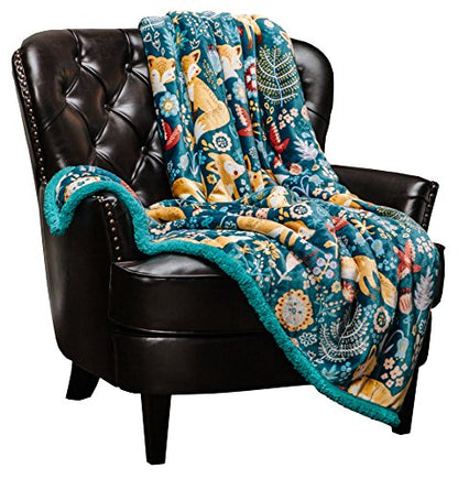  Chanasya Gold Fox Print Fleece Throw Blanket - Cozy And Warm, Cute Design, Super Soft, Plush And Fluffy Sherpa - Adult, Boy And Girl, Kids, Toddler, Baby Blanket Gift (50x65 Inches) Teal Blue