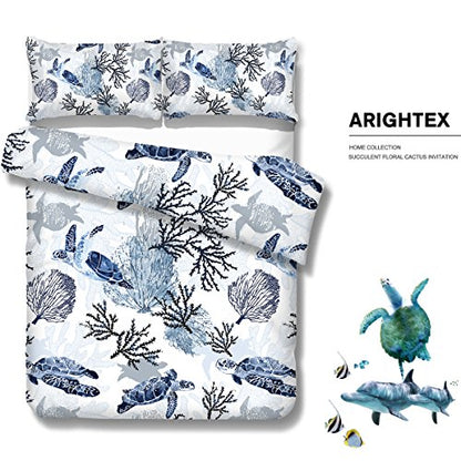  Honu Sea Turtle Bedding White Indigo Hawaiian Duvet Cover Turtles Bed Set Beach Theme Bed Spread For Summer (Queen)