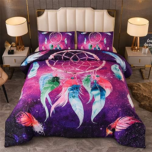  A Nice Night Galaxy Dreamcatcher Feathers,Like Dancing In The Air Printed, Boho Chic Bohemian Design, Dream Catcher Quilt Comforter Set (Blue, Queen(88-by-88-inches))