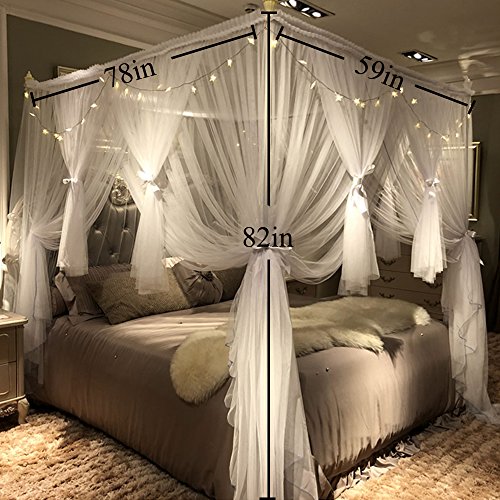  4 Corners Post Canopy Bed Curtain For Girls & Adults - Royal Luxurious Cozy Drapes - Cute Princess Bedroom Decoration Accessories (White, 59" W X 78" L, Full/Queen)