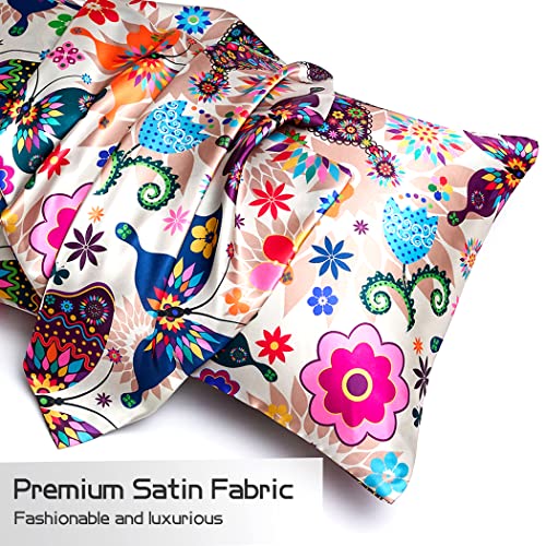  Satin Pillowcase For Hair And Skin,Pillowcases Standard Set Of 2,Silky Boho Pillow Covers 2 Pack Soft&Cozy Silk Satin Pillow Cases For Women 2 Pack With Envelope Closure(20x26,Butterfly)