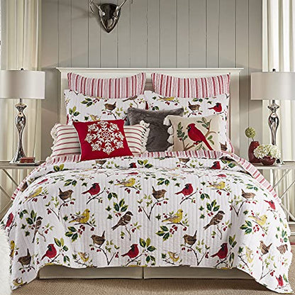  Thatch Home Joy Birds Joy Birds Quilt - Full/Queen - Birds And Holly - Red, Green, Citron, Taupe, Brown - Quilt (88x92in.) - Reversible - Cotton/Poly