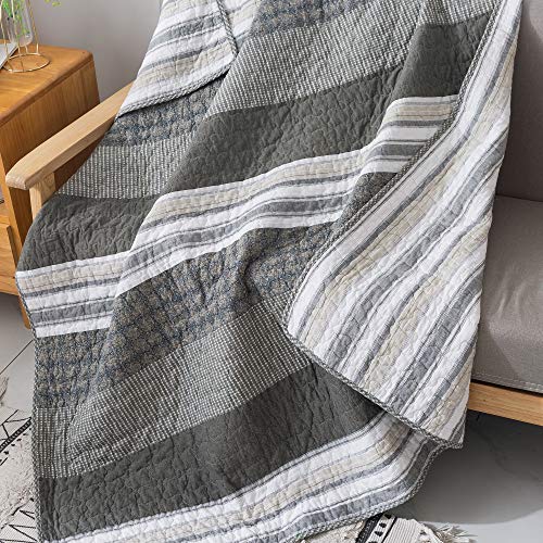  Madrona Striped Grey And White Throw Blanket - 50" X 60": 100% Cotton Modern Coverlet, Quilted Patchwork Bedspread, Modern Dark Olive Throw, Lap Bedding Quilt, Lightweight Couch Cover