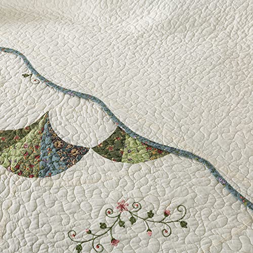 100% Cotton Luxury Decorative Bedspread With Multi Print Floral Patchwork Quilt, Soft & Oversized Coverlet, King 110x96”, Ivory & Brown