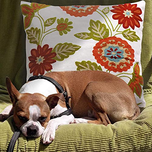  Oneslong Throw Pillow Case Covers - Set Of 2-100% Cotton, Decorative Floral Embroidered Design On Solid Natural White Background For Couch, Sofa, Bed - 18 X 18 Inches - Cushion Not Included