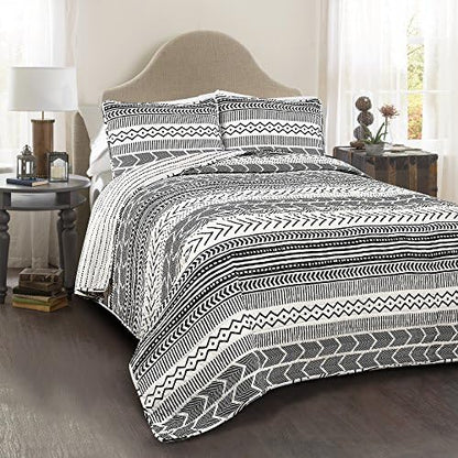  Hygge Geo Reversible 3 Piece Cotton Duvet Set, King, Gray & White