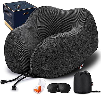  MLVOC Travel Pillow 100% Pure Memory Foam Neck Pillow, Comfortable & Breathable Cover, Machine Washable, Airplane Travel Kit With 3D Contoured Eye Masks, Earplugs, And Luxury Bag, Standard (Black)