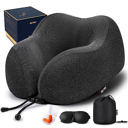  MLVOC Travel Pillow 100% Pure Memory Foam Neck Pillow, Comfortable & Breathable Cover, Machine Washable, Airplane Travel Kit With 3D Contoured Eye Masks, Earplugs, And Luxury Bag, Standard (Black)