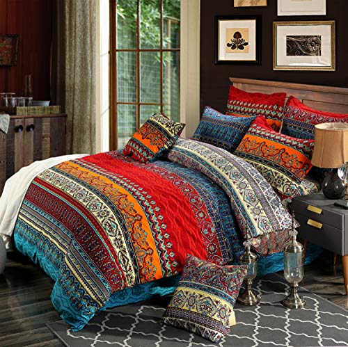  Brushed Cotton Bohemian Duvet Cover And Fitted Sheet Sets Queen Size 4 Pieces, Bohemia Exotic Striped Bedding Sets, Boho Comforter Cover Sets,NO Comforter (Fitted Sheet Sets, Queen)