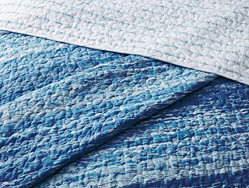  Ocean Stripe 3-Piece All Season Prewashed Quilt Set, Coastal Beach Theme, Natural Puckered/Textured Look, 100% Cotton Fabric, Unique Watercolor Stripe, Aqua, Blue, White, Full/Queen