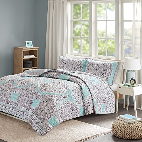  Reversible Quilt Set - Vermicelli Stitching Bohemian Design, All Season, Lightweight, Coverlet Bedspread Bedding, Shams, Twin/Twin XL(66"x90") Adele Aqua Medallion 2 Piece