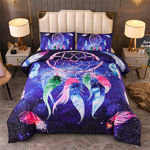  A Nice Night Galaxy Dreamcatcher Feathers,Like Dancing In The Air Printed, Boho Chic Bohemian Design, Dream Catcher Quilt Comforter Set (Blue, Queen(88-by-88-inches))