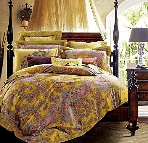  Classical Paisley Duvet Cover 3pc Set Bohemian Bedding Bothe Damask Antique Drawing Medallion 400TC Egyptian Cotton Sateen Luxury European Traditional Boho Floral Scarf Style Bed Linen (Mustard, King)