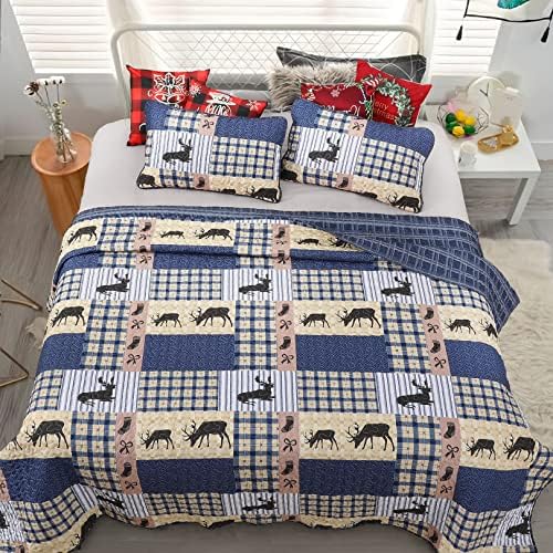  Judvx Quilt Set King Size White & Green Rustic Bedding Reversible 3 Piece Bedspreads & Coverlet, Lightweight Microfiber Plaid Pattern Lodge Bear Quilts For All Season (1 Quilt, 2 Pillow Shams)
