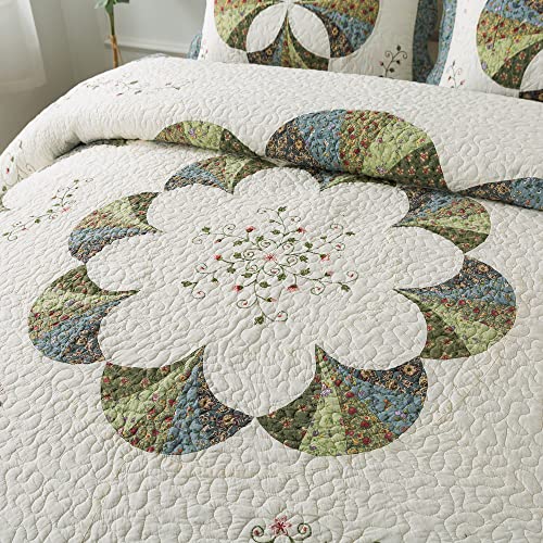  100% Cotton Luxury Decorative Bedspread With Multi Print Floral Patchwork Quilt, Soft & Oversized Coverlet, King 110x96”, Ivory & Brown
