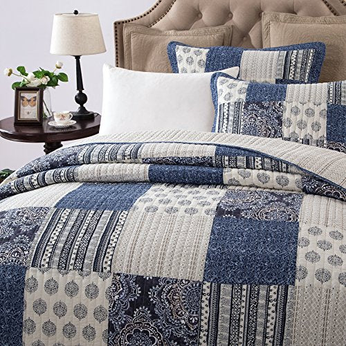 DaDa Bedding Denim Blue Elegance Patchwork Floral Bedspread Set - 100% Cotton Boho Chic Lightweight Quilted Coverlet - Striped Paisley Medallion Squares Multi Colorful Ivory Navy - King - 3-Pieces