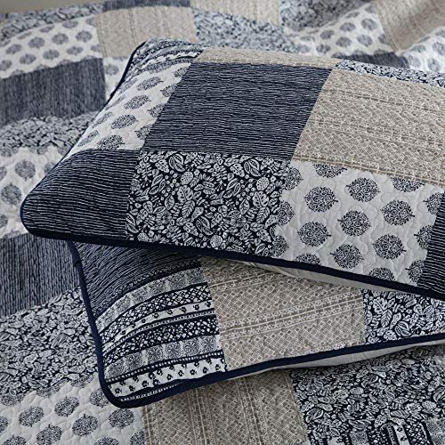  VIVILINEN Quilted Bedspread Coverlet Set 3 Pieces Navy Patchwork Stitched Pattern Reversible Quilt Sets With 2 Pillow Shams Full/Queen Size 90’’x98