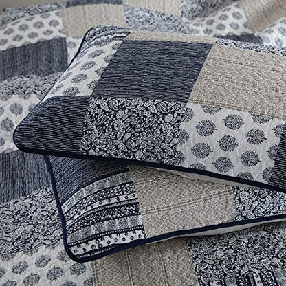  VIVILINEN Quilted Bedspread Coverlet Set 3 Pieces Navy Patchwork Stitched Pattern Reversible Quilt Sets With 2 Pillow Shams Full/Queen Size 90’’x98