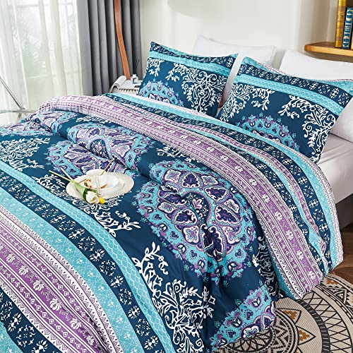  Andency Boho Navy Blue Striped Comforter Queen Size, 3 Pieces Bohemian Mandala Purple Lightweight Fluffy Bedding Comforter Set For Queen Bed, Colorful Soft Vintage Microfiber Bed Set For All Seasons