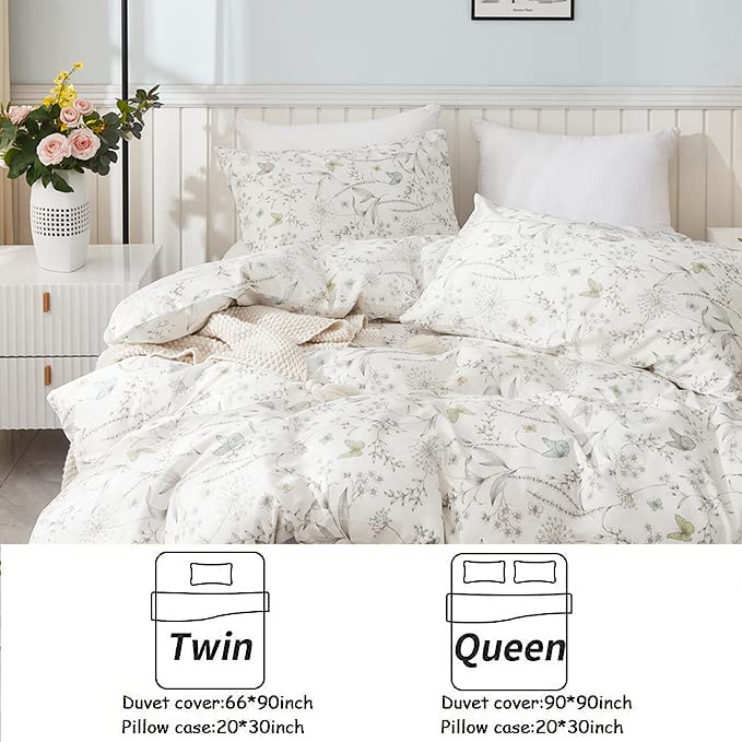  Jolusere White Botanical Floral Duvet Cover Set Queen Size 100% Cotton Plants Flower Blossom Printed Comforter Cover Modern Rustic Flower Comforter Quilt Cover With Zipper And Closure 3 Pieces Bed Set