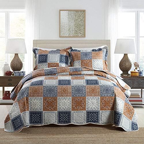  NEWLAKE Bohemian Floral Pattern Bedspread Quilt Set With Real Stitched Embroidery,Queen Size