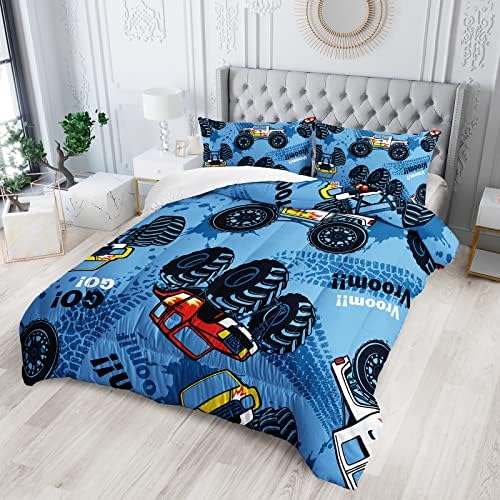  Cars Comforter Set, Giant Monster Pickup Truck Large Tires And Suspension Extreme Biggest Wheel Print, Twin Size Room Decorative 3 Piece Bedding Set With 2 Pillow Sham