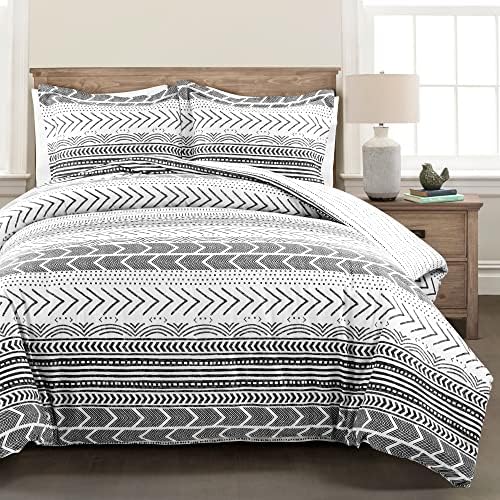  Hygge Geo Reversible 3 Piece Cotton Duvet Set, King, Gray & White