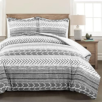  Hygge Geo Reversible 3 Piece Cotton Duvet Set, King, Gray & White