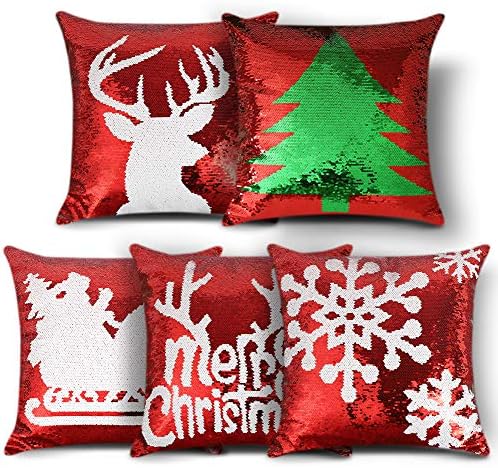  OTOSTAR Christmas Sequin Throw Pillow Covers 18x18 Inch Sparkle Decorative Pillowcases Magic Red Cushion Cover For Party Christmas Couch In-Outdoor Home Decor (Merry Christmas 5 Packs)