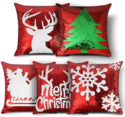  OTOSTAR Christmas Sequin Throw Pillow Covers 18x18 Inch Sparkle Decorative Pillowcases Magic Red Cushion Cover For Party Christmas Couch In-Outdoor Home Decor (Merry Christmas 5 Packs)