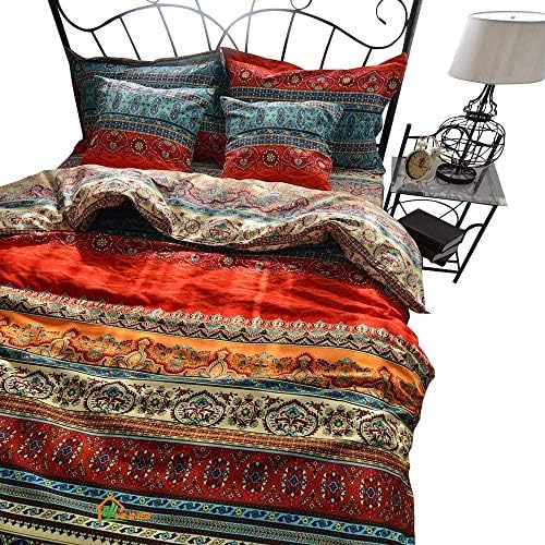  Brushed Cotton Bohemian Duvet Cover And Fitted Sheet Sets Queen Size 4 Pieces, Bohemia Exotic Striped Bedding Sets, Boho Comforter Cover Sets,NO Comforter (Fitted Sheet Sets, Queen)