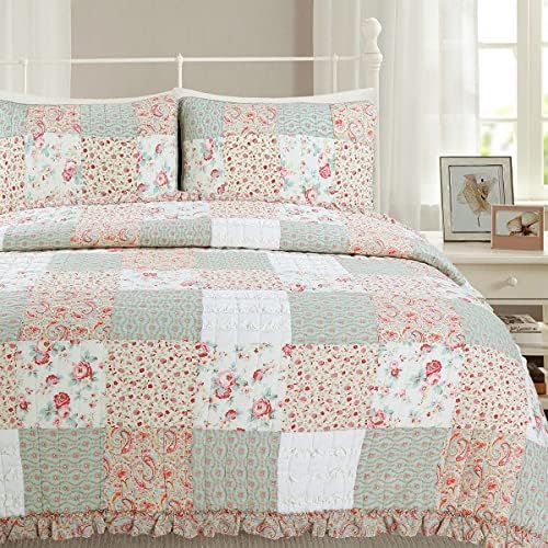  Cozy Line Home Fashions 100% Cotton Real Patchwork Floral Pink Rose Shabby Chic Girly Reversible Quilt Bedding Set, Coverlet Bedspread (La Rosa Rêve, King - 3 Piece)
