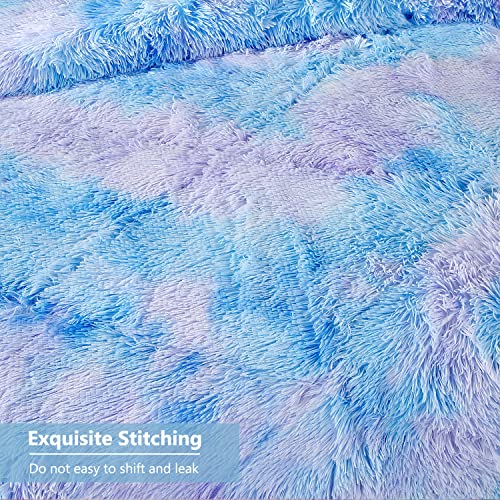  Blue Faux Fur Comforter Set Twin Size, 3Pcs Tie Dye Rainbow Fluffy Comforter Bedding Set, Plush Shaggy Flannel Velvet Furry Bed Comforter Set For Girls (Blue Ombre, Twin)