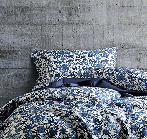  Luxury Duvet Cover Vintage Portuguese Tiles Multicolored Azulejos Medallion Denim Blue Pattern 3 Piece Cotton Bedding Set (Queen, Pottery Navy)
