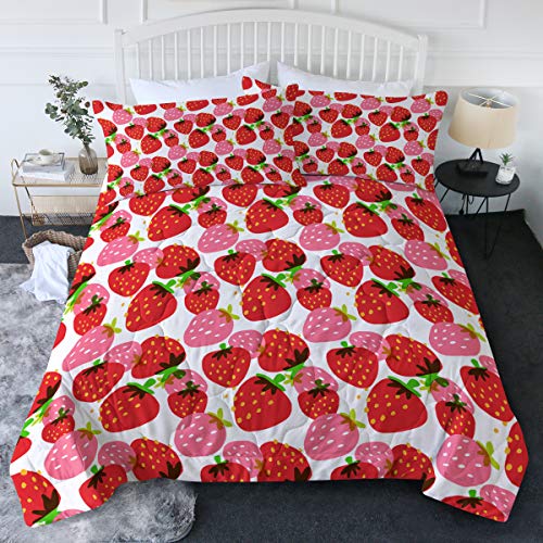  BlessLiving Strawberry Comforter Kawaii Strawberry Bedding Set Twin/Twin XL, Pink Red Fruit Quilted Set, Cute Bedspread For Kids Girls, Soft And All Season Blanket, 3 Pcs, 1 Comforter 2 Pillow Shams