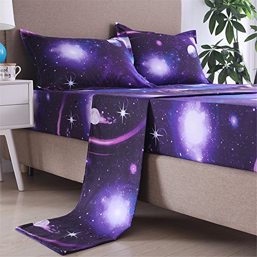  Galaxy 3D Printing Bed Sheet Bedding Set, Soft Microfiber Fitted Sheet Set，Galaxy Themed Sheets 4 Pcs Flat Sheet& Fitted Sheets With 2 Pillowcases (Queen, 07)