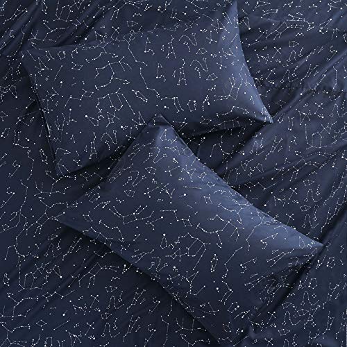  - Constellation Sheet Set, Navy Blue With White Space Stars Pattern Printed, Soft Microfiber Bedding (4pcs, Twin Size)