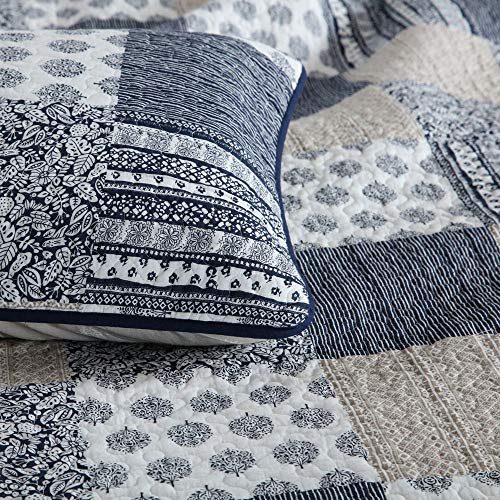  VIVILINEN Quilted Bedspread Coverlet Set 3 Pieces Navy Patchwork Stitched Pattern Reversible Quilt Sets With 2 Pillow Shams Full/Queen Size 90’’x98