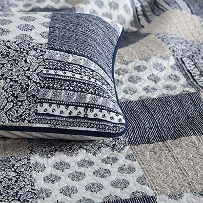  VIVILINEN Quilted Bedspread Coverlet Set 3 Pieces Navy Patchwork Stitched Pattern Reversible Quilt Sets With 2 Pillow Shams Full/Queen Size 90’’x98