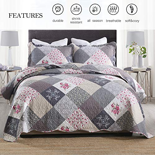  ENJOHOS Quilts Queen Size Queen Quilt Set Grey Quilt Bedspread Reversible Patchwork Floral Coverlet Set, Lightweight Country Quilts Bedding Set With 2 Pillow Shams（Grey Flower Plaid2）