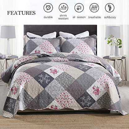  ENJOHOS Quilts Queen Size Queen Quilt Set Grey Quilt Bedspread Reversible Patchwork Floral Coverlet Set, Lightweight Country Quilts Bedding Set With 2 Pillow Shams（Grey Flower Plaid2）