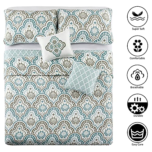  Voli Ikat Oversize 122" X 106" 5 Piece Teal Aqua Printed Prewashed Quilted Coverlet Bedspread Bed Cover Set For All Season, Lightweight Quilt Blanket With Matching Shams Pillows