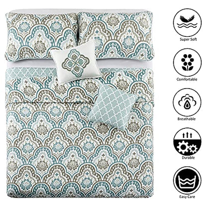  Voli Ikat Oversize 122" X 106" 5 Piece Teal Aqua Printed Prewashed Quilted Coverlet Bedspread Bed Cover Set For All Season, Lightweight Quilt Blanket With Matching Shams Pillows
