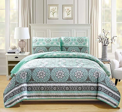  Chezmoi Collection Bodhi 3-Piece Floral Medallion Printed Bedspread Set - Colorful Boho Microfiber Quilt Set, Queen (100" X 95")