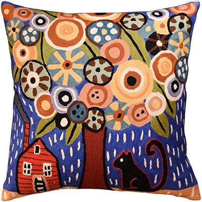  Kashmir Designs Turquoise Tree Of Life Throw Pillow Cover | Karla Gerard Bird Pillows | Blue Flower Pillows | Plant Floral Chair Cushion | Flower Couch Pillow | Hand Embroidered Wool Size - 18x18
