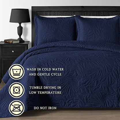  Comfy Bedding Extra Lightweight And Oversized Thermal Pressing Leafage 3-Piece Coverlet Set (Full/Queen, Navy Blue)