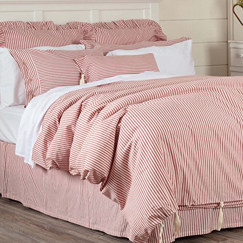  Farmhouse Ticking Stripe Red King Bed Skirt 78" X80", W/ 16" Drop, Tailored Dust Ruffle
