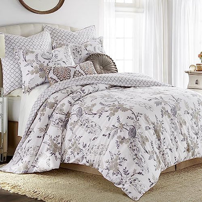  Levtex Home - Pisa Duvet Cover Set - Full/Queen Duvet Cover + Two Standard Pillow Cases - Floral Contemporary Peacock - Grey And Taupe - Duvet Cover (90 X 94in.) And Pillow Case (26 X 20in.) - Cotton