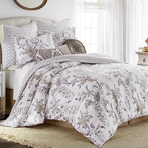  Levtex Home - Pisa Duvet Cover Set - Full/Queen Duvet Cover + Two Standard Pillow Cases - Floral Contemporary Peacock - Grey And Taupe - Duvet Cover (90 X 94in.) And Pillow Case (26 X 20in.) - Cotton