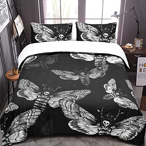  Zhh Death Moth Skull Duvet Cover 3Pcs Queen Size Black Gothic Bedding Soft Microfiber Fashion Printed Skeleton Comforter Cover (1 X Quilt Cover, 2 X Pillowcases)